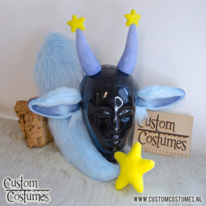 Dragon Clown in light blue with yellow stars, Ears and Horns and Tail, Custom Order - Image 2