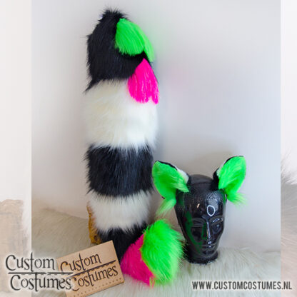 Raccoon in Black, White, Neon Green and Neon Pink Hearts Ears and Tail, Custom Order - Image 2