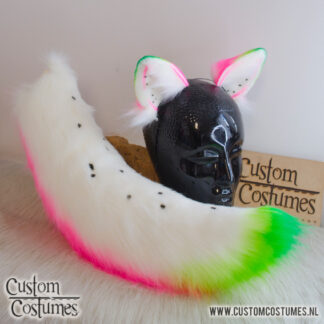 Dog in White, Pink, Green and Black Dragonfruit Ears and/or Tail